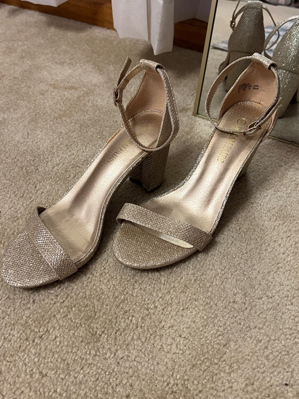 Shimmer Block Heel Ankle-Strap Sandals in Gold